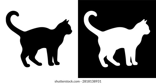 A striking silhouette of a cat with an arched back and raised tail, set against contrasting black and white backgrounds, emphasizing feline curiosity.