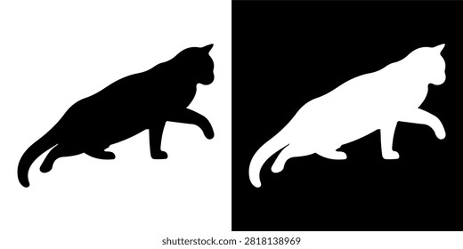 A striking silhouette of a cat in mid-run, capturing the essence of agility and speed in a sleek, dynamic pose against a plain background.