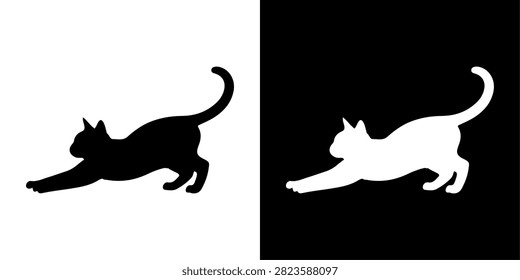 A striking silhouette of a cat, showcasing its elegant form and poised stance against contrasting black and white backgrounds.