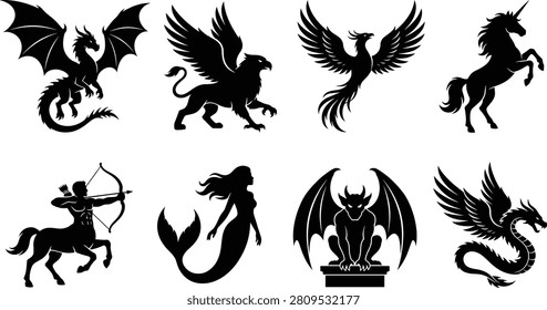A striking silhouette collection featuring legendary mythical creatures including dragons, griffin, phoenix, unicorn, centaur, mermaid, and gargoyle in dynamic fantasy poses. Perfect for book covers, game assets, logos, fantasy branding, apparel, illustrations, and commercial design projects.