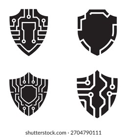 A striking silhouette of a cybernetic shield featuring intricate circuit board patterns and a digital grid. This design evokes technology and defense.