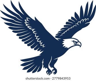 A striking silhouette of a dark blue eagle with outstretched wings, captured mid-flight against a white background.