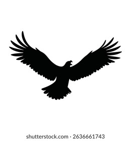 A striking silhouette depicts a majestic eagle in full flight, its wings dramatically spread against a clean white background. This dynamic vector illustration captures the essence of freedom