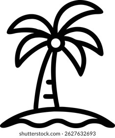 Striking silhouette depicts a single, tall palm tree with iconic fronds, gracefully arching outward; tree sits atop a small island evoking tropical, isolated paradise.