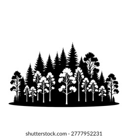 A striking silhouette of a diverse forest, featuring a mix of coniferous and deciduous trees, presented in stark black and white against a clean background.