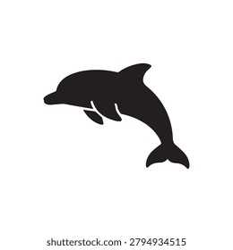 A striking silhouette of a dolphin captured mid-leap, showcasing its fluid, streamlined body and curved dorsal fin. The black silhouette stands out sharply against a plain, unadorned background, empha.