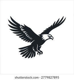 A striking silhouette of an eagle in mid-flight, wings spread wide, showcasing its powerful form and sharp features.