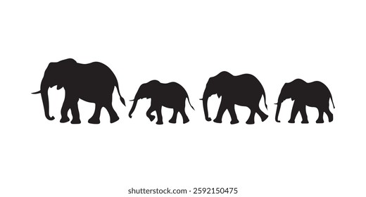 A striking silhouette of four elephants walking together, showcasing the beauty and unity of a herd. This image is perfect for themes related to wildlife, conservation, and the majestic creatures of t