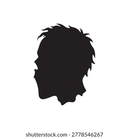 A striking silhouette of a person’s head in profile, showcasing messy, spiky hair. The silhouette is solid black against a plain, light gray background, creating a stark contrast and minimalist aesthe.