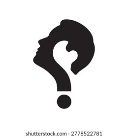 A striking silhouette of a person’s head and upper body, stylized to resemble a large question mark, rendered in bold black against a plain white background. The design conveys curiosity and inquiry w.