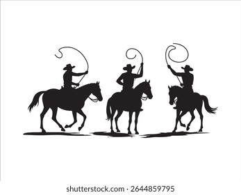 A striking silhouette illustration depicts three cowboys riding horses against a pristine white backdrop.