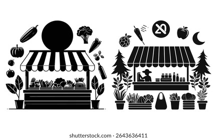 A striking silhouette illustration of a farmer's market stall, showcasing fresh produce and a vendor. The distinctive minimalist silhouette style