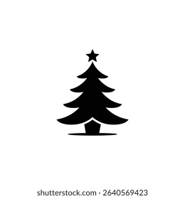 Striking silhouette illustration features a black Christmas tree topped with a star, set against a clean white backdrop. Perfect icon for holiday designs.