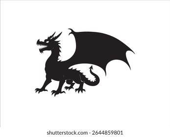 A striking silhouette illustration presents a fierce dragon against a pristine white backdrop.