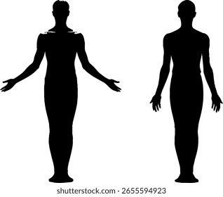 Una llamativa Imagen de silueta con dos figuras humanas de cuerpo completo de pie sobre un fondo blanco, mostrando el estilo de la silueta.