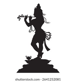 a striking silhouette of krishna playing the flute, standing gracefully on a lotus base. a symbol of hinduism and indian culture. art image