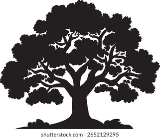 A striking silhouette of a large oak tree against a plain white background.