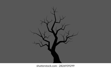 Striking silhouette of a leafless tree with intricate, twisted branches against a solid gray background, evoking a somber or winter mood.