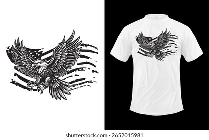 A striking silhouette of a majestic eagle soaring with the American flag. This design captures freedom and patriotism in a bold, graphic style. silhouette