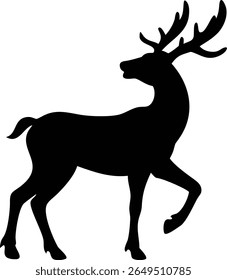 Striking silhouette of a male deer, commonly known as a stag, featuring prominent antlers, depicted in black against a white backdrop, illustrated in a walking posture.