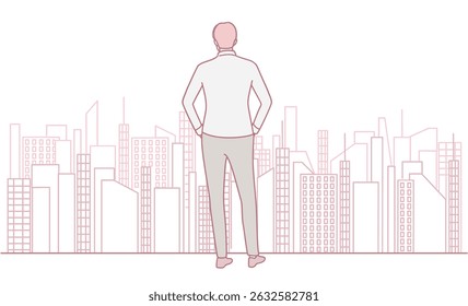 A striking silhouette of a man deeply gazing at a vibrant modern city skyline, vividly portrayed in a minimalist style