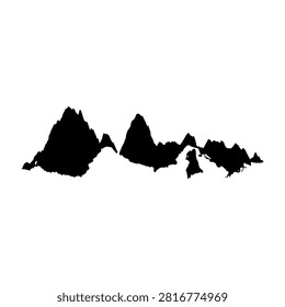 A striking silhouette of a mountain range featuring prominent peaks and valleys, set against a stark white background for dramatic contrast.