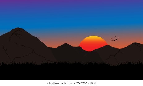 A striking silhouette of mountains against a vibrant sunset sky