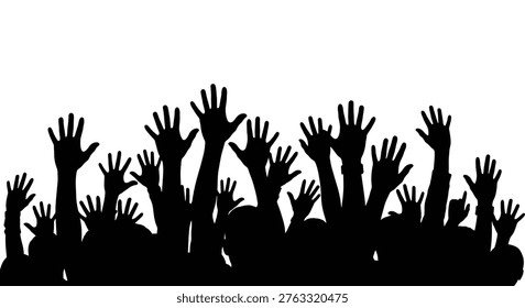 A striking silhouette of numerous hands reaching upwards, symbolizing unity, participation, and a collective voice in a group setting.