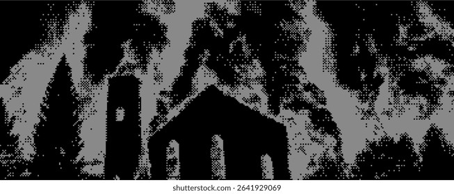 A striking silhouette of an old church emerges against ominous storm clouds. The scene evokes a sense of mystery and foreboding, reflecting nature's power. Bitmap y2k zine bg. 
