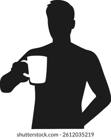 A striking silhouette of a person holding a white cup against a minimalistic background. The figure’s dynamic pose, with one hand on the hip, adds a touch of intrigue and elegance. Perfect for concept