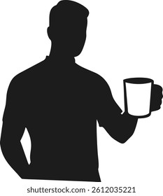 A striking silhouette of a person holding a white cup against a minimalistic background. The figure’s dynamic pose, with one hand on the hip, adds a touch of intrigue and elegance. Perfect for concept
