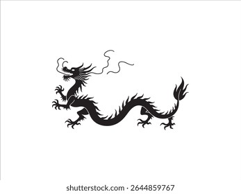 A striking silhouette of a powerful Chinese dragon in black stands out against a clean white background. 