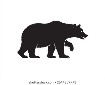 A striking silhouette of a powerful grizzly bear gracefully walks across a pristine white isolated background.