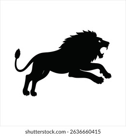 A striking silhouette of a powerful lion leaps against a pristine white backdrop. This black vector silhouette captures the strength and dynamism of the king of the jungle. 