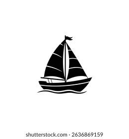 A striking silhouette of a sailboat depicted in black against a white background. The boat is shown sailing on stylized waves with a flag on the mast.