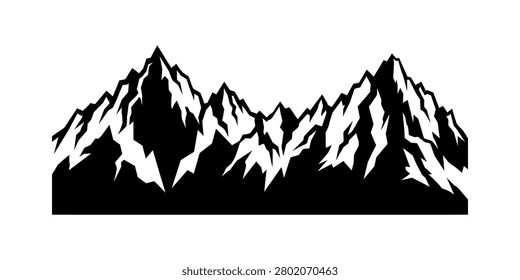 Striking silhouette of a sharp, jagged mountain range in black and white. This graphic vector illustration depicts a formidable natural landscape with pointed peaks and deep valleys, perfect for conveying concepts of adventure, challenge, and wilderness in design. Clean, bold lines.