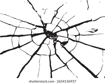 A striking silhouette of shattered glass or a cracked surface, featuring a central impact point with radiating fracture lines on a transparent background.