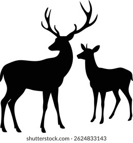 A striking silhouette showcases an adult deer with prominent antlers and a smaller fawn standing beside it, both rendered in solid black against a clean white backdrop.