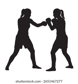 Striking silhouette showcases two sporty women boxing with focus and strength. The image emphasizes athleticism and female empowerment with a transparent backdrop.