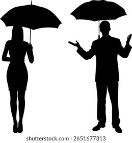 A striking silhouette showcases a woman with an umbrella and a man gesturing under his own. The image captures a moment of protection and expression. Perfect for designs.
