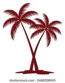 Uma silhueta impressionante de duas palmeiras vermelho-escuras com seus troncos cruzados, colocada sobre um fundo branco limpo, evocando um paraíso tropical.