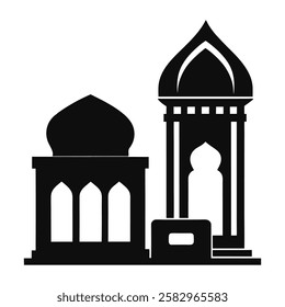 A striking silhouette of two Islamic architectural structures, likely a mosque or mausoleum.
