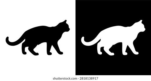 A striking silhouette of a walking cat depicted on contrasting black and white backgrounds, emphasizing feline shape and movement.