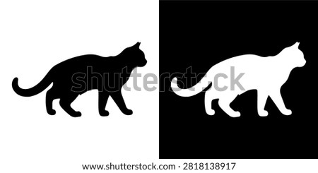 A striking silhouette of a walking cat depicted on contrasting black and white backgrounds, emphasizing feline shape and movement.