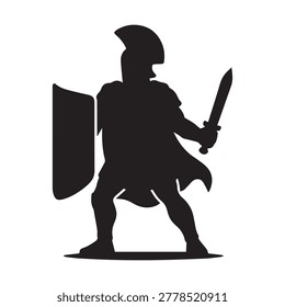 A striking silhouette of a warrior in ancient armor holding a sword in one hand and a shield in the other, poised in a battle-ready stance. The figure is depicted in a monochromatic black against a pl.