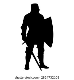 A striking silhouette of a warrior holding a shield and sword, symbolizing strength, protection, and bravery in a heroic stance.