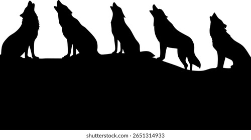 Uma silhueta impressionante de um bando de lobos uivando juntos sob o luar.
