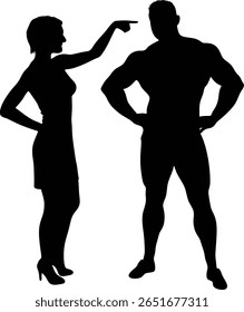 Uma silhueta impressionante de uma mulher apontando para um homem musculoso com as mãos nos quadris, colocada contra um fundo branco limpo. A imagem transmite força e estilo.
