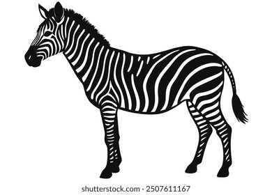 Eine auffällige Silhouette eines Zebras, definiert durch kräftige, schwarze Streifen auf dunklem Hintergrund, die das Wesen der Wildnis mit minimalistischer Eleganz und natürlicher Anmut einfangen.