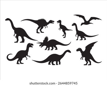 A striking silhouetted collection of various prehistoric dinosaurs is presented against a clean white background.